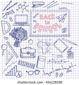 Back to School supplies sketchy notebook doodles with lettering