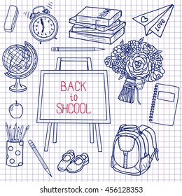 Back to School supplies sketchy notebook doodles with lettering