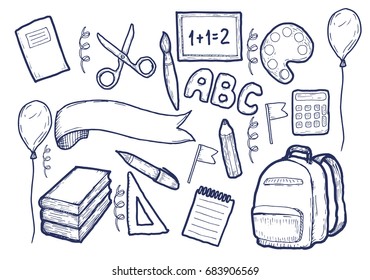 Back to School Supplies Sketchy Notebook Doodles. Hand-Drawn Vector Illustration Design Elements