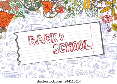 Back to School Supplies Sketchy pattern ,autumn leaves,paper.Doodles  lettering with  Hand Drawn pattern.Vector Illustration  Background