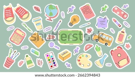 Back to School Supplies Sticker Set in trendy Modern Flat Style. Globe, Backpack, Stationery, School Bus. Kids Vector Illustration in Doodle Style. Education Art Supplies and School Stationery, Board.
