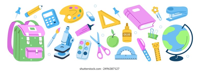 Back to school supplies stickers set. School stationery scrapbooking collection. Backpack, book, pen, globe and other educational elements. Modern cartoon concept. Vector illustration.