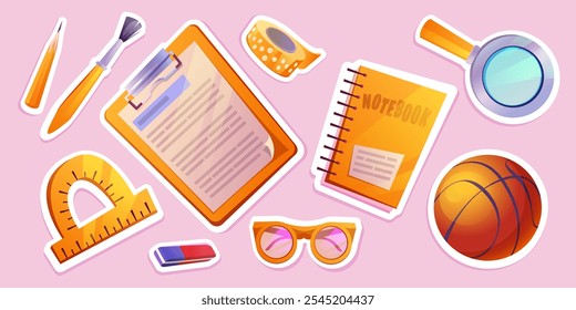 Back to school supplies stickers. Set of educational materials - clipboard and spiral notebook, basketball and magnifying glass, protractor and pencil, brush and decorative tape, glasses and eraser.