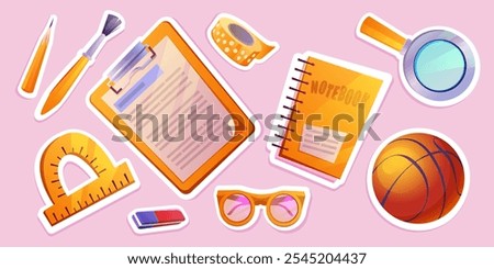 Back to school supplies stickers. Set of educational materials - clipboard and spiral notebook, basketball and magnifying glass, protractor and pencil, brush and decorative tape, glasses and eraser.