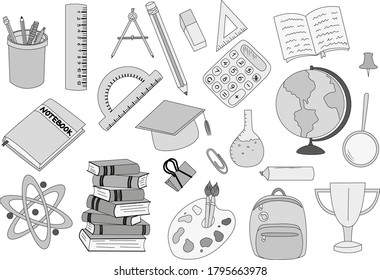 Back to school. School. School supplies. For study. Thematic selection. Sketch. Vector