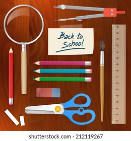 back to school supplies tools on wood vector background. isolated from background. layered.