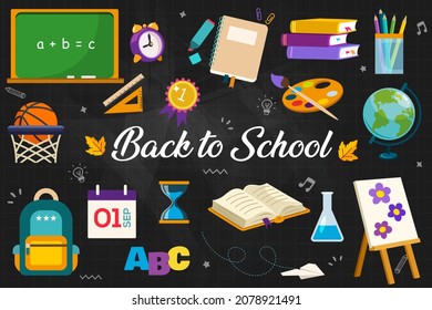 Back to school. Сollection of school supplies. Vector design elements set for banners, posters, invitations, sticker kits, educational materials, etc.