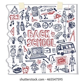 Back to School Supplies .Vector hand drawn Doodles lettering ,peoples,students.S?hool themed.Illustration ink Design Elements on Sketchy Notebook Paper Background.Teachers day