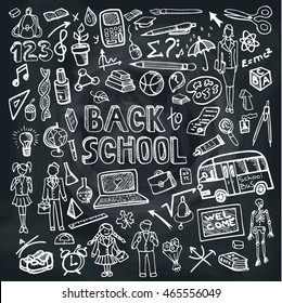 Back to School Supplies .Vector hand drawn Doodles lettering ,peoples,students.S?hool themed.Illustration ink Design Elements ,Sketchy outline on Chalkboard Background.Teachers day