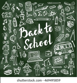 Back to School Supplies .Vector hand drawn Doodles lettering ,peoples,students.Shool themed.Illustration ink Design Elements Sketchy on Chalkboard Background.Teachers day