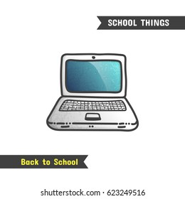 Back to School Supplies, vector hand drawn icon, isolated on white, cartoon style. Laptop computer for college