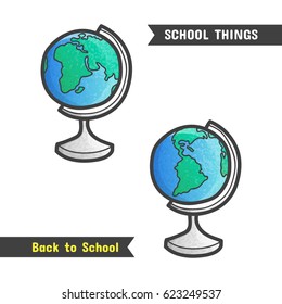 Back to School Supplies, vector hand drawn icon, isolated on white, cartoon style. Geography symbol, a globe with western and eastern hemispheres