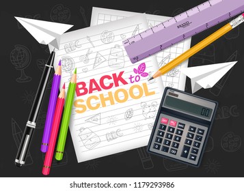Back to School supplies Vector realistic. Calculator, note book, markers and pencil. Detailed 3d illustration