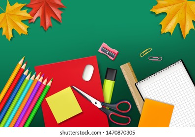 Back to school supplies Vector realistic. Crayons, ruler, notes detailed 3d illustration