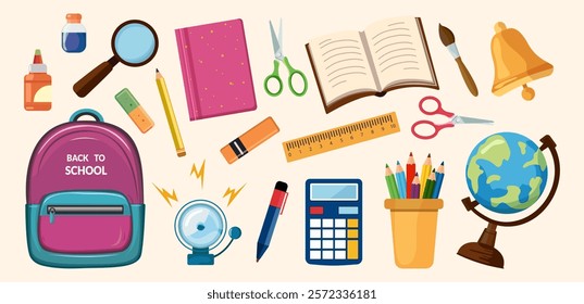 Back to school. School supplies vector set. Cute school icons backpack, magnifying glass, globe, books, notebook, pencils, ruler, magnifying glass, bell, calculator, brush, scissors Vector stationery