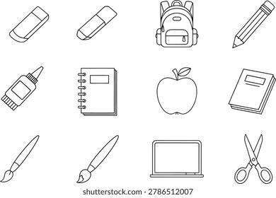 Back to school supply education icons collection in black white line art