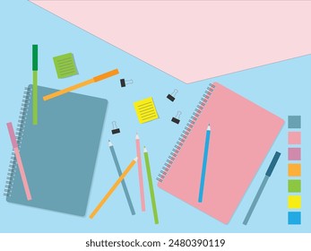 Back to school symbol vector drawing top down or flat lay view. Various student stationary with color palette