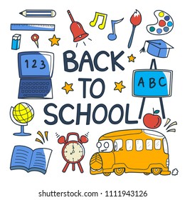 Back to school symbols doodle set. Vector illustration. Hand drawn.