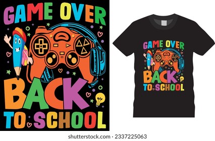 Zurück zur Schule T-Shirt Design Vektorgrafik. Für Kinder glücklicher Stift, Spielsteuerung und Kopfhörer mit einzigartigem und farbenfrohen T-Shirts Design.