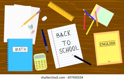 Back to school - table with school equipment. Book, pencil, calculator, pen on the wooden table. Vector illustration