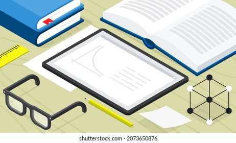 Back to school tablet isometric vector illustration. Student workplace studying physics, chemistry, mathematics use tablet with graph. Digital display with textbook and stationery