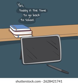 Back to school. tablet with the pen and books on the shelf in cartoon design for business or back to school campaign. tablet and book in cartoon template