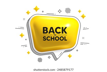 Back to school tag. Chat speech bubble 3d icon. Education offer. End of vacation slogan. Back to school chat message. Speech bubble banner with stripes. Yellow text balloon. Vector