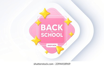 De vuelta a la escuela. Banner de promoción neumórfica. Oferta educativa. Lema del fin de las vacaciones. De vuelta al mensaje escolar. 3d estrellas con puntero de cursor. Vector