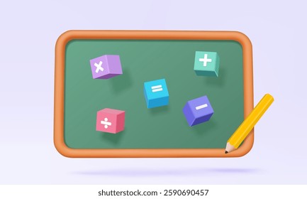 Back to school teach blackboard mathematic basic learning calculation math, plus, minus, multiplication, divide, courses training student development education learning. 3d vector illustration element