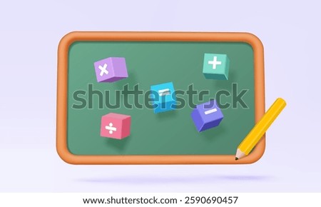 Back to school teach blackboard mathematic basic learning calculation math, plus, minus, multiplication, divide, courses training student development education learning. 3d vector illustration element