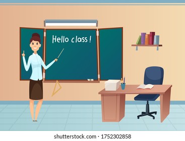 Back to school. Teacher at blackboard. Happy cartoon woman in classroom vector illustration