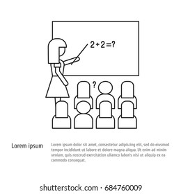 Back to school - A teacher at the school board teaches students at a school lesson. Vector icon in a line style.