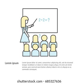 Back to school - A teacher at the school board teaches students at a school lesson. Vector icon in a line style.