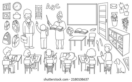 Back to school. Teacher, children, class, board, school desk, pen, student, book. Linear set of objects and people in a school classroom. Sketch vector illustration. Funny cartoon character.