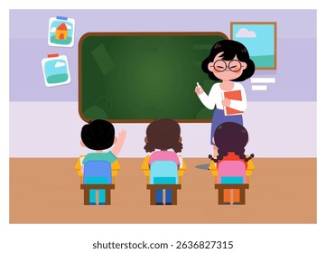 back to school: a teacher in classroom and her students 