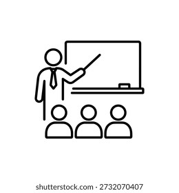 De volta ao professor da escola dando aula aos alunos em sala de aula ícone de vetor preto e branco