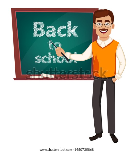 学校に戻れ 黒板の近くに教師のマンガのキャラクターが立っている 先生の日 ベクターイラスト のベクター画像素材 ロイヤリティフリー