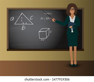 Back to school. Teacher with a pointer stands at the blackboard. Vector illustration