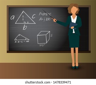 Back to school. Teacher with a pointer stands at the blackboard. Vector illustration