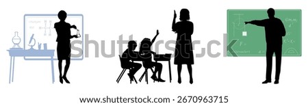 Back to school. Teacher and pupils silhouettes with school items on white background. Vector illustration.	
