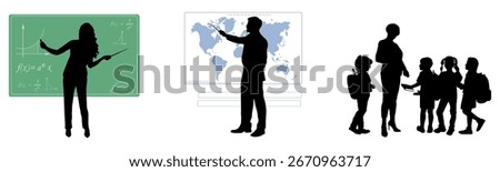 Back to school. Teacher and pupils silhouettes with school items on white background. Vector illustration.	
