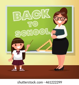 Back to school. The teacher and the schoolgirl are near blackboard. Vector illustration of a flat design