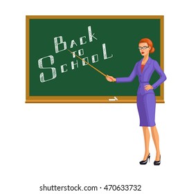 Back to school. School teacher standing near the blackboard and holding the pointer in hand. Vector illustration. Knowledge Day