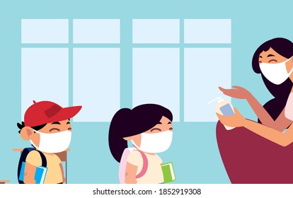 back to school, teacher and students with masks and hand sanitizer vector illustration