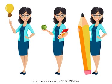 Back to school. Teacher woman cartoon character, set of three poses. Teacher's day. Vector illustration