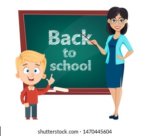 Back to school. Teacher woman cartoon character and cute schoolboy standing near blackboard. Teacher's day. Vector illustration