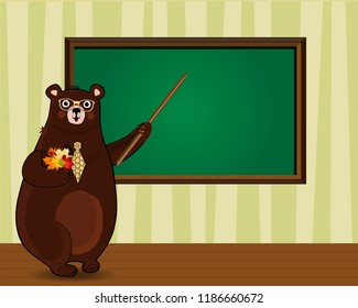 Back to school or teacher's day vector illustration of cute cartoon bear teacher in glasses and tie holding pointer and autumn leaves bouquet near blackboard with copy space in classroom.