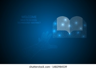 Back to school technology abstract. touch hand a book on digital technology abstract background.