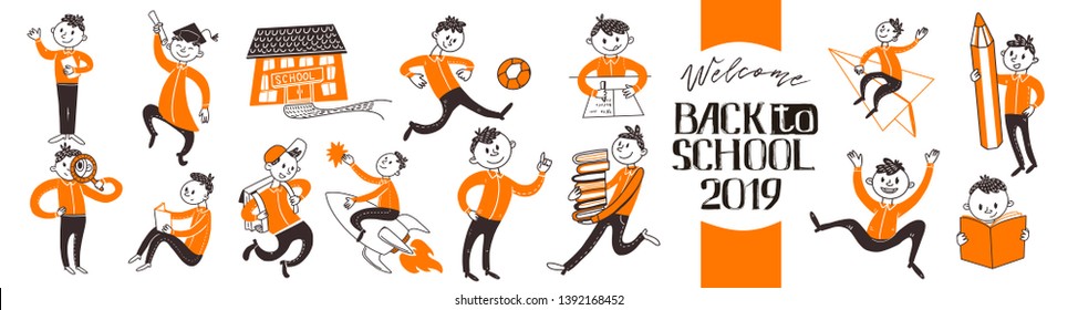 Back To School Teenager Boys Character Set. Learn, Writing, Riding Book, Fly On Rocket, Run, Study Activities In Flat Doodle Concepts. Vector Illustartion. Hand Drawn. Welcome Back To School