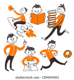 Back to school teenager boys character set. Learn, writing, riding book, fly on rocket, run, study activities in flat doodle concepts. Vector illustration. Hand drawn. Welcome Back To School